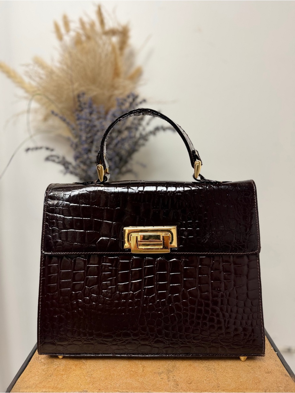 Vintage High Fashion Canada Oxblood Croc Embossed Top Handle Handbag